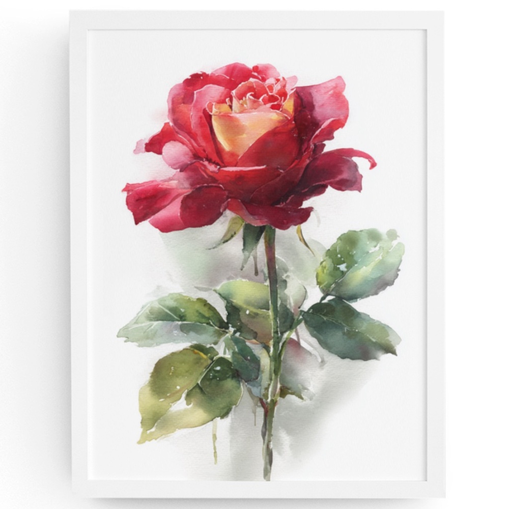 Watercolor Single Red Rose Wall Art Print, Unframed - Timeless Floral Elegance